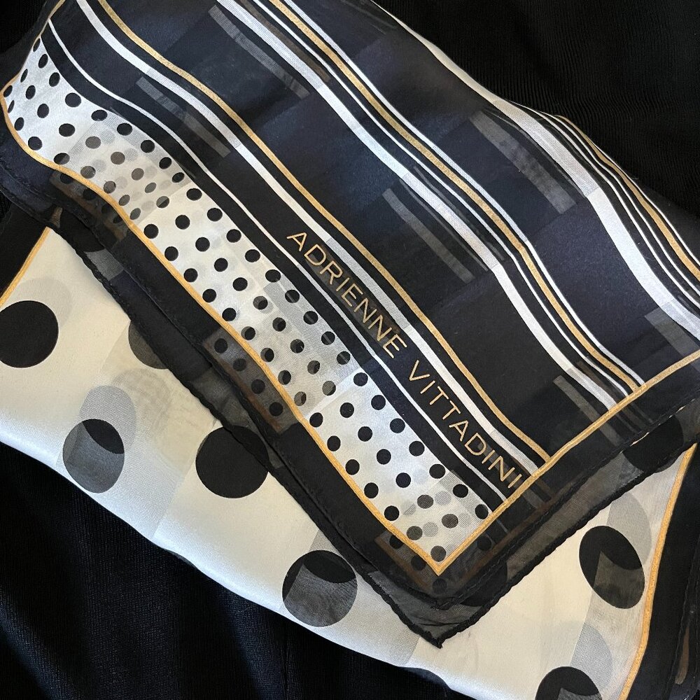 Adrienne Vittadini  Black, White and Gold Silk Scarf